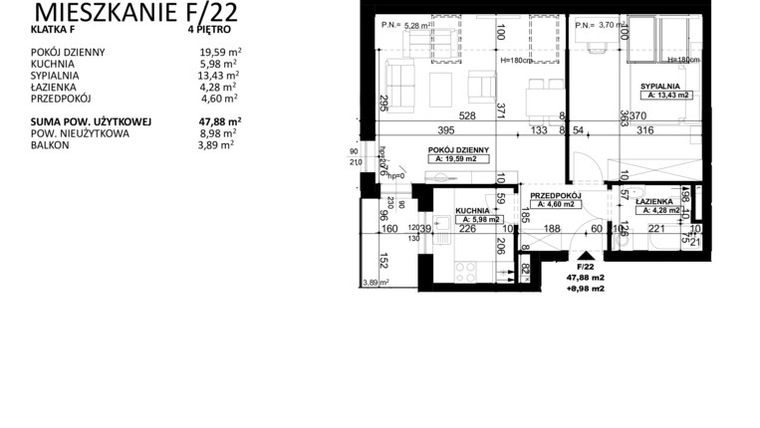 Rzut - Mieszkanie na sprzedaż 2 pokoje o powierzchni 47,88 m² - numer F/22 w Stara Mleczarnia