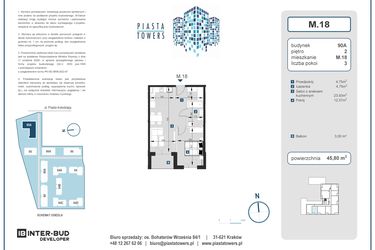 Rzut - Mieszkanie na sprzedaż 2 pokoje o powierzchni 45,8 m² - numer 18 w Piasta Towers bud. 90A