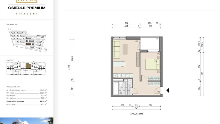 Rzut - Mieszkanie na sprzedaż 2 pokoje o powierzchni 41,1 m² - numer B1.5 w Osiedle Premium etap IV