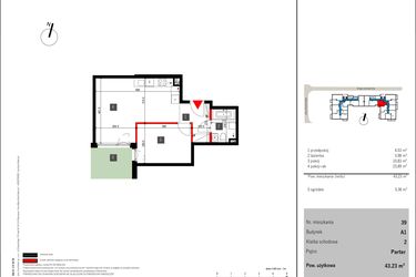 Rzut - Mieszkanie na sprzedaż 2 pokoje o powierzchni 43,23 m² - numer 39 w Mochtyńska 56