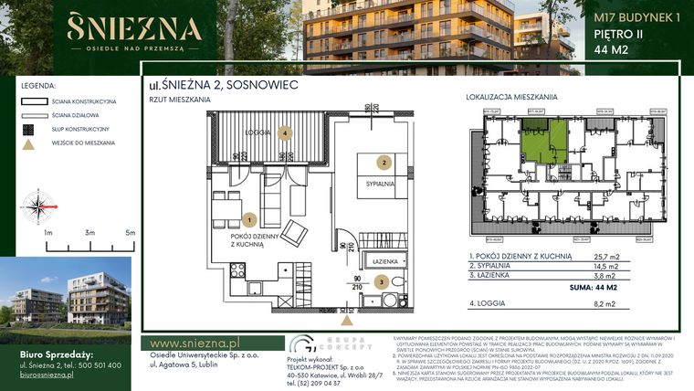 Rzut - Mieszkanie na sprzedaż 2 pokoje o powierzchni 44 m² - numer A17 w Śnieżna - Osiedle nad Przemszą