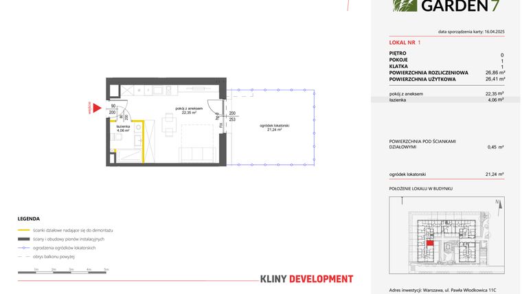 Rzut - Mieszkanie na sprzedaż 1 pokój o powierzchni 26,86 m² - numer 1 w Nova Viva Garden 7