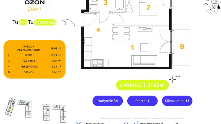 Rzut - Mieszkanie na sprzedaż 2 pokoje o powierzchni 37,83 m² - numer 34.13 w Osiedle Ozon etap VII
