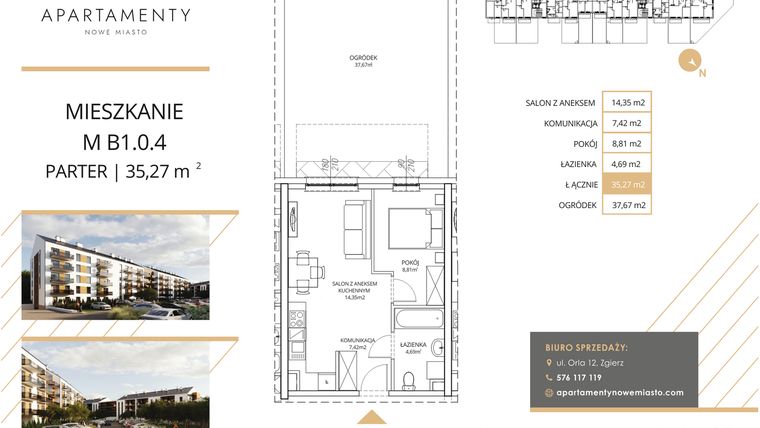 Rzut - Mieszkanie na sprzedaż 2 pokoje o powierzchni 35,27 m² - numer B1.0.4 w Apartamenty Nowe Miasto