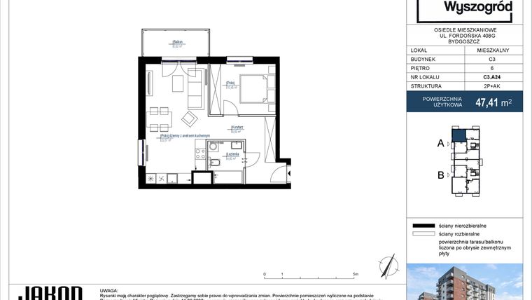 Rzut - Mieszkanie na sprzedaż 2 pokoje o powierzchni 47,41 m² - numer C3.A24 w Nowy Wyszogród etap III