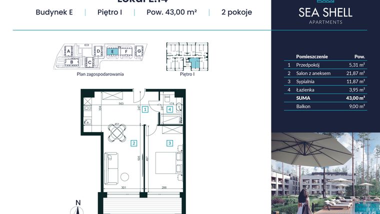 Rzut - Mieszkanie na sprzedaż 2 pokoje o powierzchni 43 m² - numer E.14 w Magiczny Łukęcin