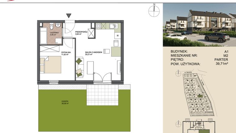 Rzut - Mieszkanie na sprzedaż 2 pokoje o powierzchni 39,71 m² - numer A1/2 w Osiedle Przy Lipowej