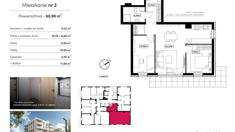 Rzut - Mieszkanie na sprzedaż 3 pokoje o powierzchni 60,99 m² - numer B17.M2 w Novum Rumia - bud. 17
