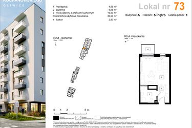 Rzut - Mieszkanie na sprzedaż 1 pokój o powierzchni 30,03 m² - numer A.73 w Osiedle Kochanowskiego - Gliwice