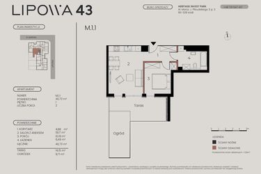 Rzut - Mieszkanie na sprzedaż 2 pokoje o powierzchni 40,73 m² - numer M.1.1 w Lipowa 43