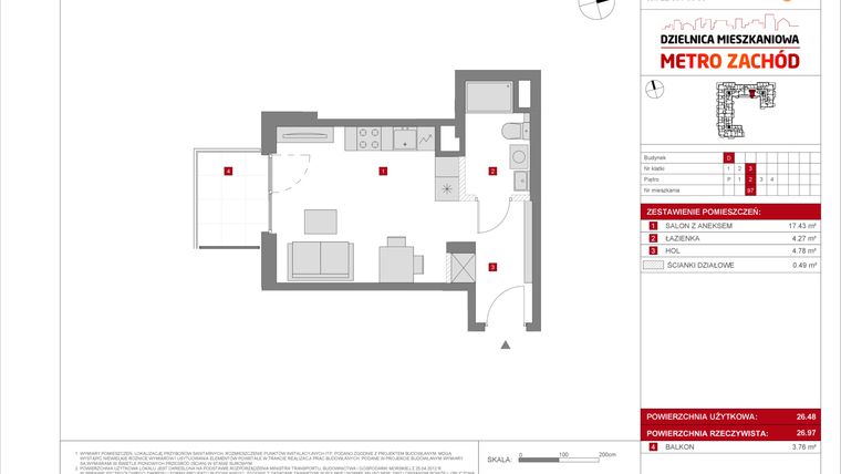 Rzut - Mieszkanie na sprzedaż 1 pokój o powierzchni 26,48 m² - numer D.97 w Dzielnica Mieszkaniowa Metro Zachód - etap 8.2