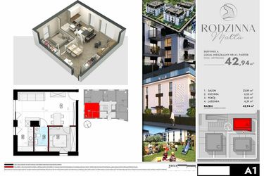 Rzut - Mieszkanie na sprzedaż 2 pokoje o powierzchni 42,94 m² - numer A1 w Rodzinna Malta