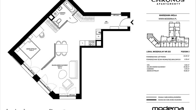 Rzut - Mieszkanie na sprzedaż 2 pokoje o powierzchni 61,87 m² - numer 223 w Chronos etap II