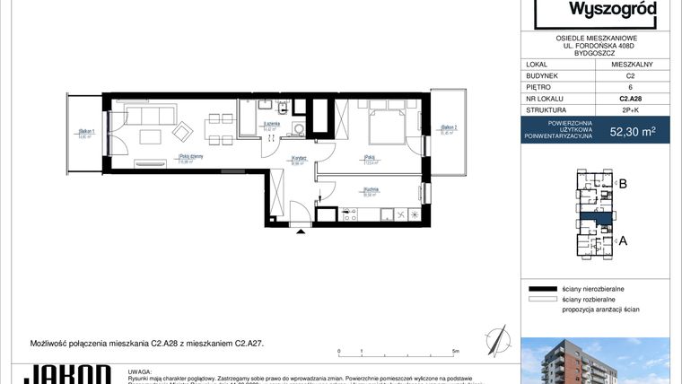 Rzut - Mieszkanie na sprzedaż 2 pokoje o powierzchni 52,3 m² - numer C2.A28 w Nowy Wyszogród etap II