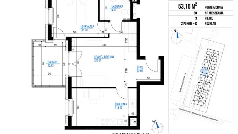 Rzut - Mieszkanie na sprzedaż 2 pokoje o powierzchni 53,1 m² - numer 50 w Vieniava edycja druga
