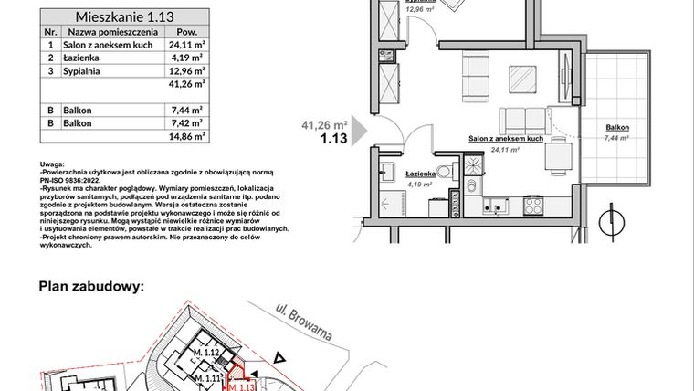 Rzut - Mieszkanie na sprzedaż 2 pokoje o powierzchni 41,26 m² - numer M1.13 w Bulwary Apartamenty