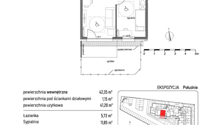 Rzut - Mieszkanie na sprzedaż 2 pokoje o powierzchni 42,35 m² - numer 1.1.1. w Dywizjonu 303