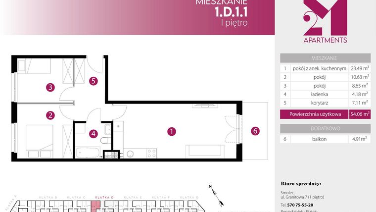 Rzut - Mieszkanie na sprzedaż 3 pokoje o powierzchni 54,06 m² - numer 1.D.1.1 w 2M Apartments etap IV