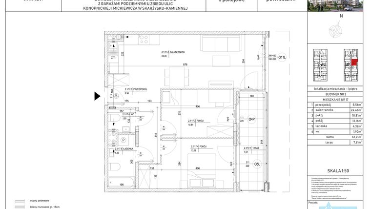 Rzut - Mieszkanie na sprzedaż 3 pokoje o powierzchni 63,21 m² - numer M-17 w Apartamenty Konopnickiej
