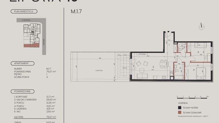 Rzut - Mieszkanie na sprzedaż 3 pokoje o powierzchni 75,07 m² - numer M.1.7 w Lipowa 43