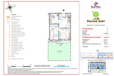 Rzut - Mieszkanie na sprzedaż 2 pokoje o powierzchni 33,23 m² - numer 8 w Zielone Sady etap II