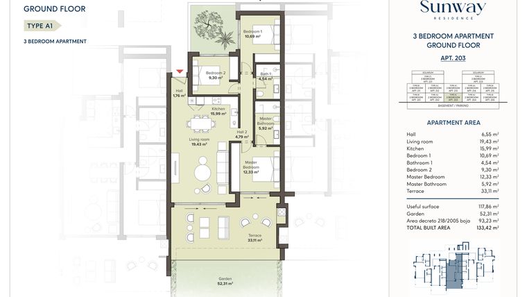 Rzut - Mieszkanie na sprzedaż 3 pokoje o powierzchni 117,86 m² - numer 203 w Sunway