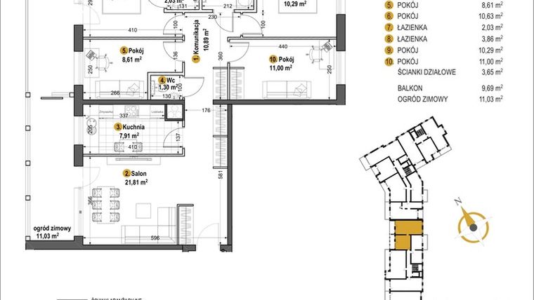 Rzut - Mieszkanie na sprzedaż 5 pokoi o powierzchni 91,98 m² - numer 65 w Osiedle Aurora etap IV