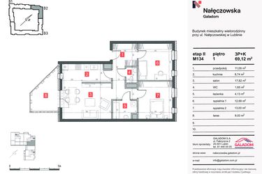 Rzut - Mieszkanie na sprzedaż 3 pokoje o powierzchni 69,12 m² - numer M-134 w Nałęczowska etap II