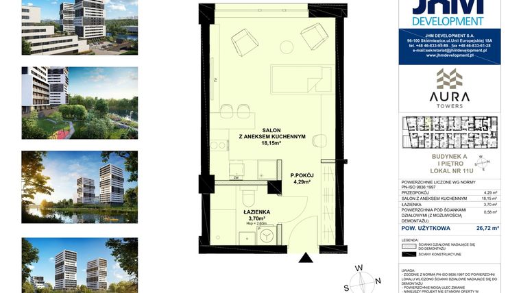 Rzut - Mieszkanie na sprzedaż 1 pokój o powierzchni 26,72 m² - numer A.1.11U w Aura Towers