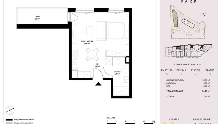 Rzut - Mieszkanie na sprzedaż 1 pokój o powierzchni 34,93 m² - numer A117 w Witosa Park