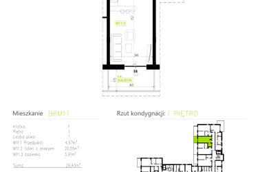 Rzut - Mieszkanie na sprzedaż 1 pokój o powierzchni 29,43 m² - numer B6M11 w Osiedle Natura Park etap II