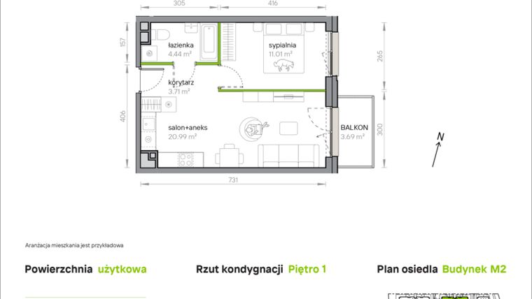 Rzut - Mieszkanie na sprzedaż 2 pokoje o powierzchni 40,15 m² - numer M2/1/1/11 w Przy Parku Vita