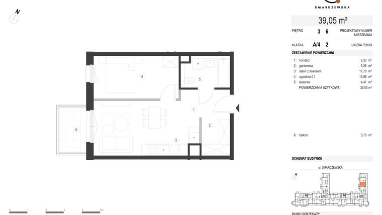 Rzut - Mieszkanie na sprzedaż 2 pokoje o powierzchni 39,05 m² - numer A/4/3.6 w Smardzewska 8
