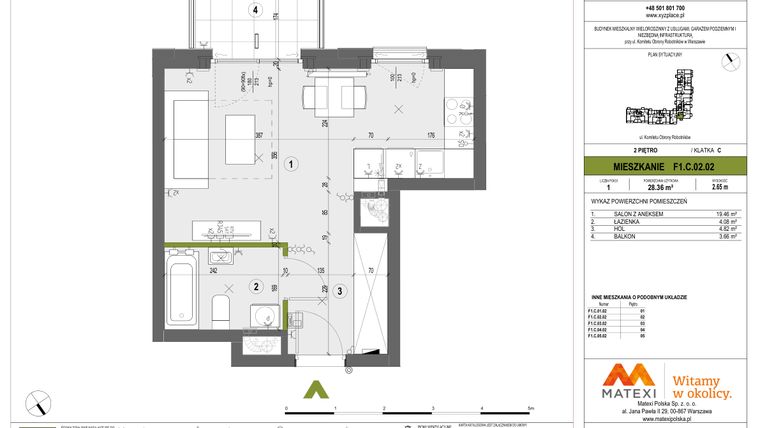 Rzut - Mieszkanie na sprzedaż 1 pokój o powierzchni 28,36 m² - numer F1.C.02.02 w XYZ Place