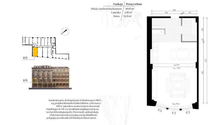 Rzut - Mieszkanie na sprzedaż 1 pokój o powierzchni 54,31 m² - numer G1/5 – 105 w Krupnicza 6/8
