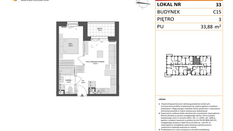 Rzut - Mieszkanie na sprzedaż 2 pokoje o powierzchni 33,88 m² - numer C15.33 w Konstelacja etap VI