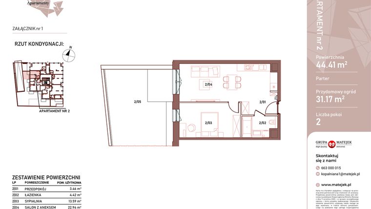 Rzut - Mieszkanie na sprzedaż 2 pokoje o powierzchni 44,41 m² - numer 2 w Kopalniana