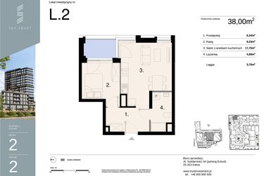 Rzut - Mieszkanie na sprzedaż 2 pokoje o powierzchni 38 m² - numer L2 w Sky Trust etap II - apartamenty inwestycyjne 23% VAT PRS