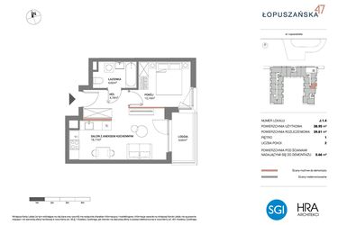 Rzut - Mieszkanie na sprzedaż 2 pokoje o powierzchni 39,61 m² - numer J.1.4 w Łopuszańska 47 - etap 3