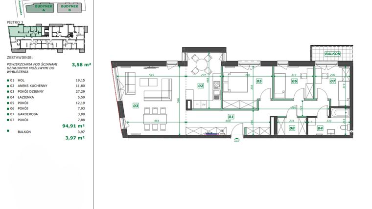 Rzut - Mieszkanie na sprzedaż 3 pokoje o powierzchni 98,52 m² - numer A.3.7 w Apartamenty Pszczyńska