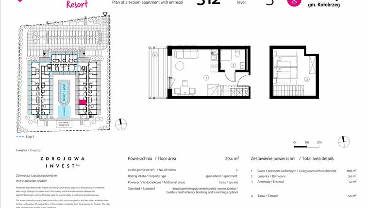 Rzut - Mieszkanie na sprzedaż 1 pokój o powierzchni 29,4 m² - numer 312 w VacationClub Resort