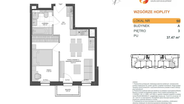 Rzut - Mieszkanie na sprzedaż 2 pokoje o powierzchni 37,47 m² - numer 1_1_A_3_50 w Wzgórze Hoplity