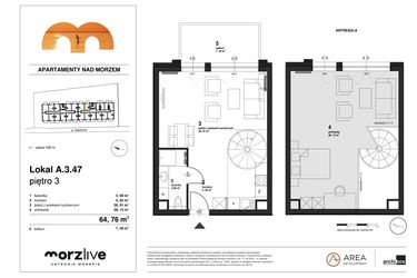 Rzut - Mieszkanie na sprzedaż 1 pokój o powierzchni 64,76 m² - numer A.3.47 w Morzlive