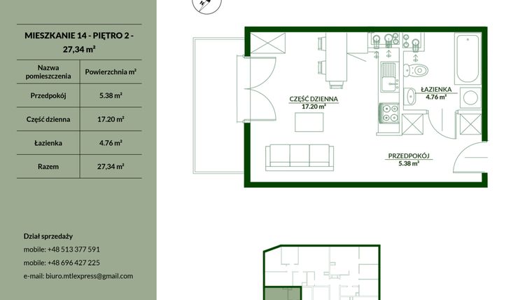 Rzut - Mieszkanie na sprzedaż 1 pokój o powierzchni 27,34 m² - numer 14 w Bukowa etap II