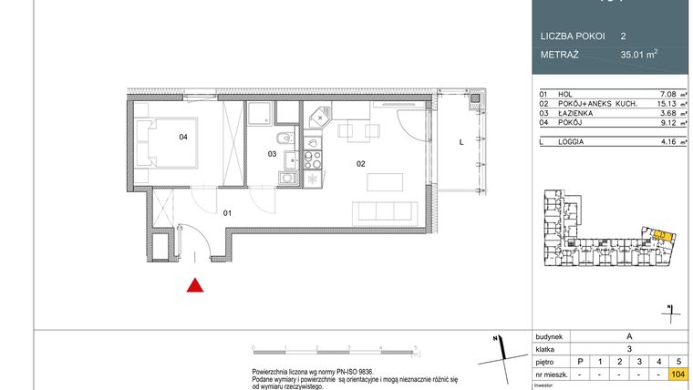 Rzut - Mieszkanie na sprzedaż 1 pokój o powierzchni 35,01 m² - numer 104 w Morwowa 5