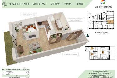 Rzut - Mieszkanie na sprzedaż 1 pokój o powierzchni 35,14 m² - numer B1.M3 w Tutaj Bunscha