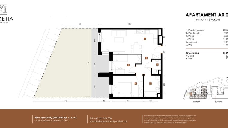 Rzut - Mieszkanie na sprzedaż 3 pokoje o powierzchni 55,84 m² - numer A 0.04 w Apartamenty Sudetia