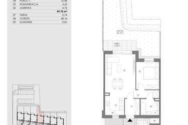 Rzut - Mieszkanie na sprzedaż 2 pokoje o powierzchni 49,68 m² - numer 16C.1 w Przystań Sobieszewo