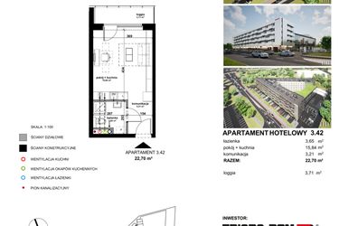 Rzut - Mieszkanie na sprzedaż 1 pokój o powierzchni 22,66 m² - numer 3.42 w Apartamentowiec Zwycięska 3 - inwestycyjne