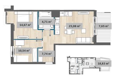 Rzut - Mieszkanie na sprzedaż 3 pokoje o powierzchni 60,72 m² - numer F1.E.00.01 w Sady Żoliborz